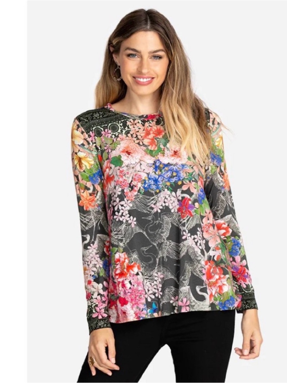 Johnny Was Lindana Floral Crane Long Sleeve Tee XS Boho Bamboo Festival